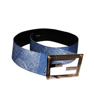 SALE!!! Fendace medusa logo leather denim monogram wide buckle belt